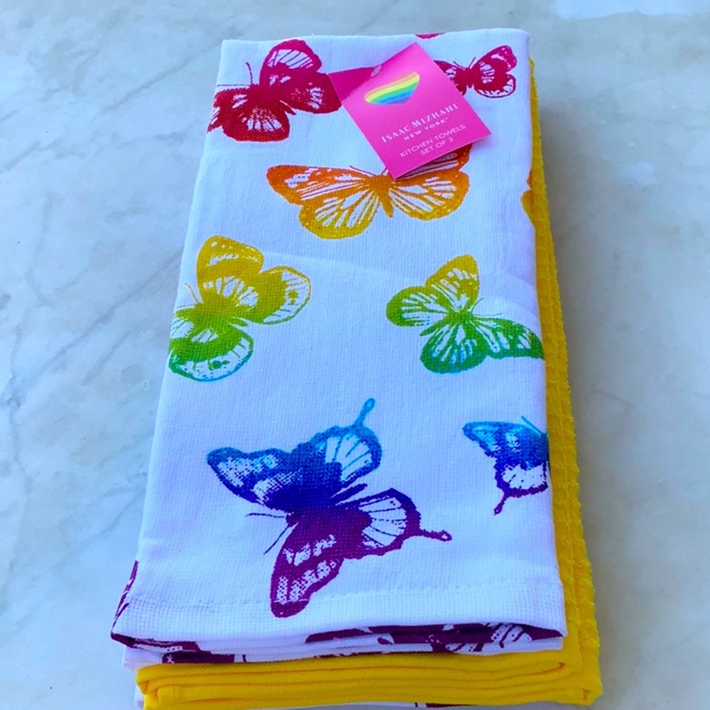 ISAAC MIZRAHI KITCHEN TOWELS BUTTERFLY RAINBOW COLORS SET OF 3 NEW OEKO-TEX